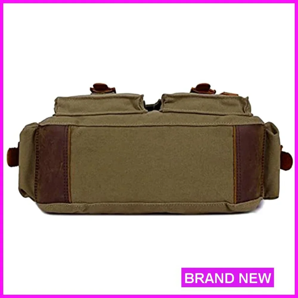 Vintage Military Leather Canvas Messenger Bag Fits 17-Inch Laptop